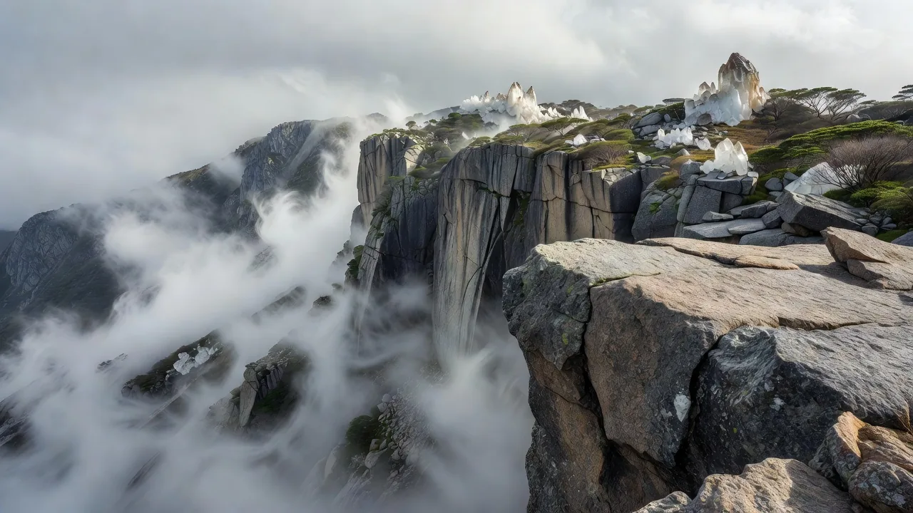 崖の縁に立つと眼下に広がる霧に沈む深い谷の絶景