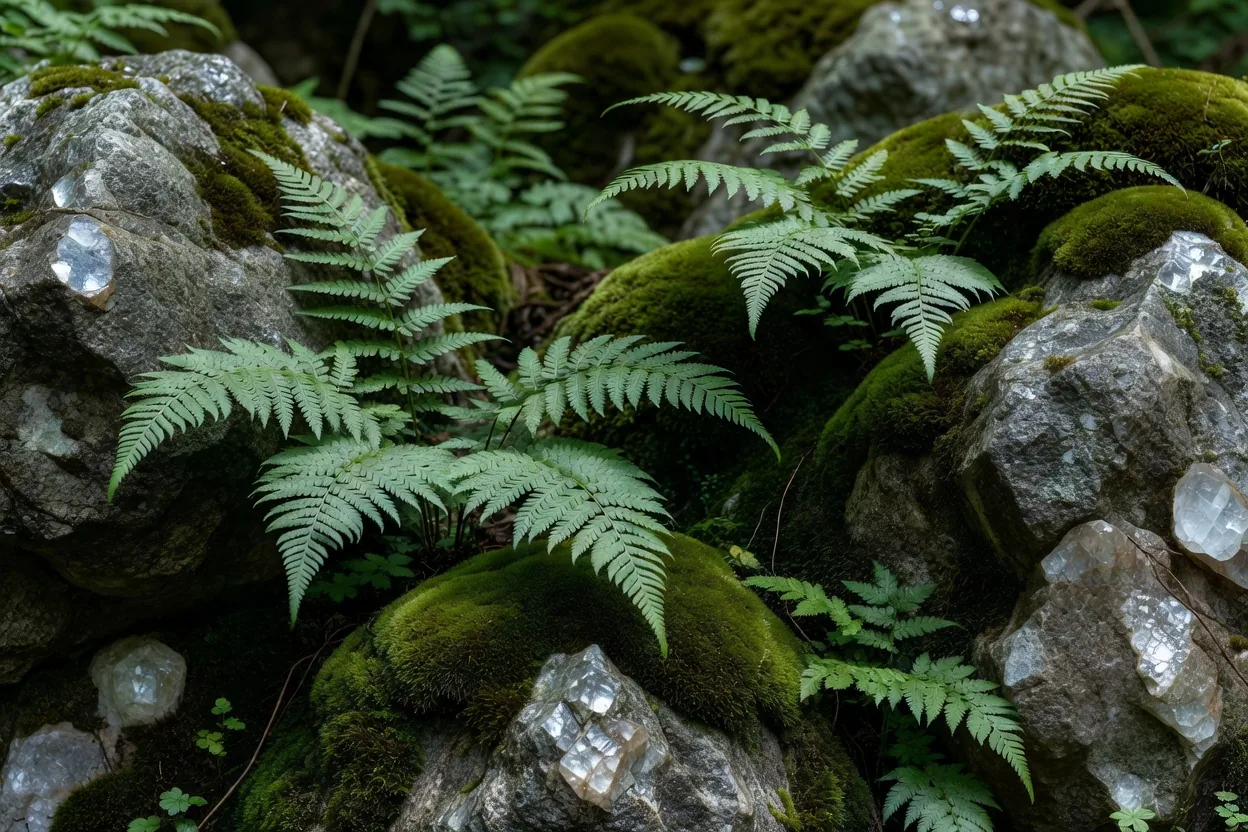 岩肌を瑞々しく覆うシダと苔の鮮やかなクローズアップ