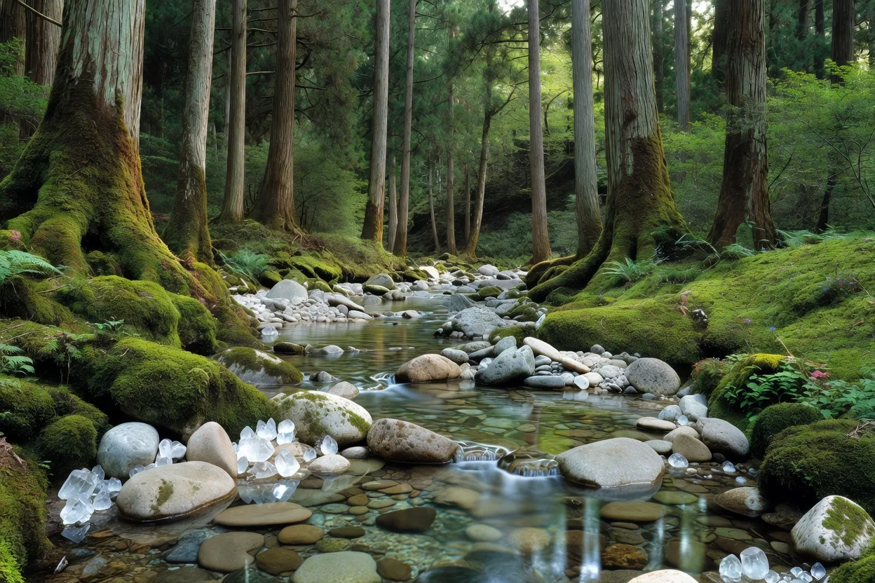 苔生す岩の間をひっそりと流れる清らかな森の清流
