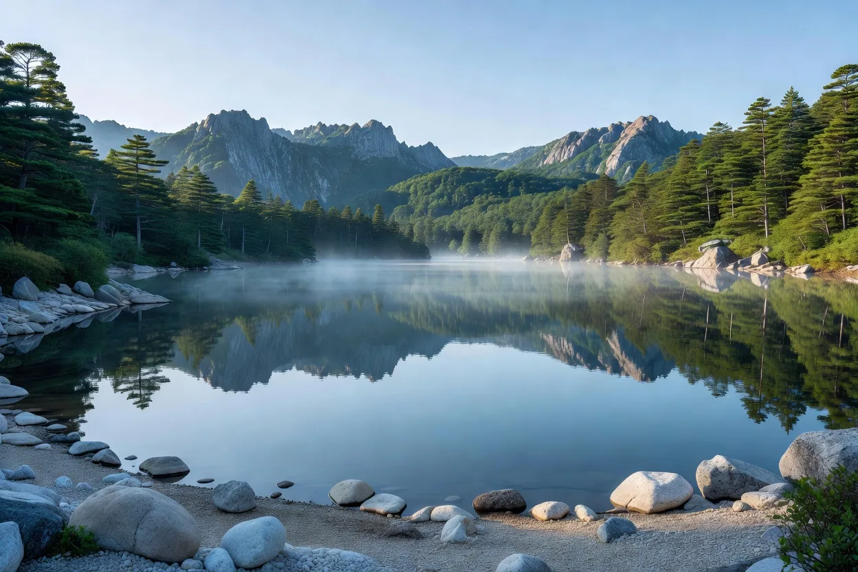 鏡面のように静まり返った山湖に映る山と空の倒影